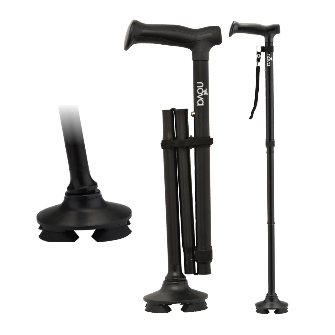 The Nova Medical Folding Cane with Standing Pivot Tip features an ergonomic handle and a wide quad base for stability. Shown in three views: close-up of the pivot tip, side view folded, and side view extended. The NOVA brand is visible.